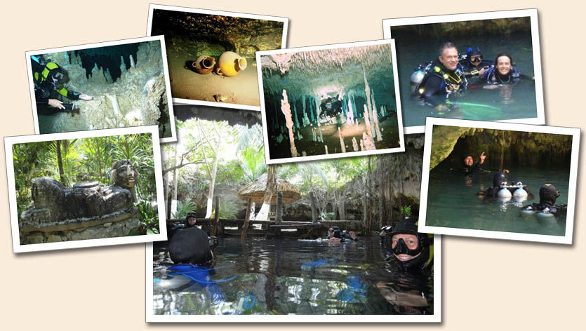 collage of cave divers and jungle